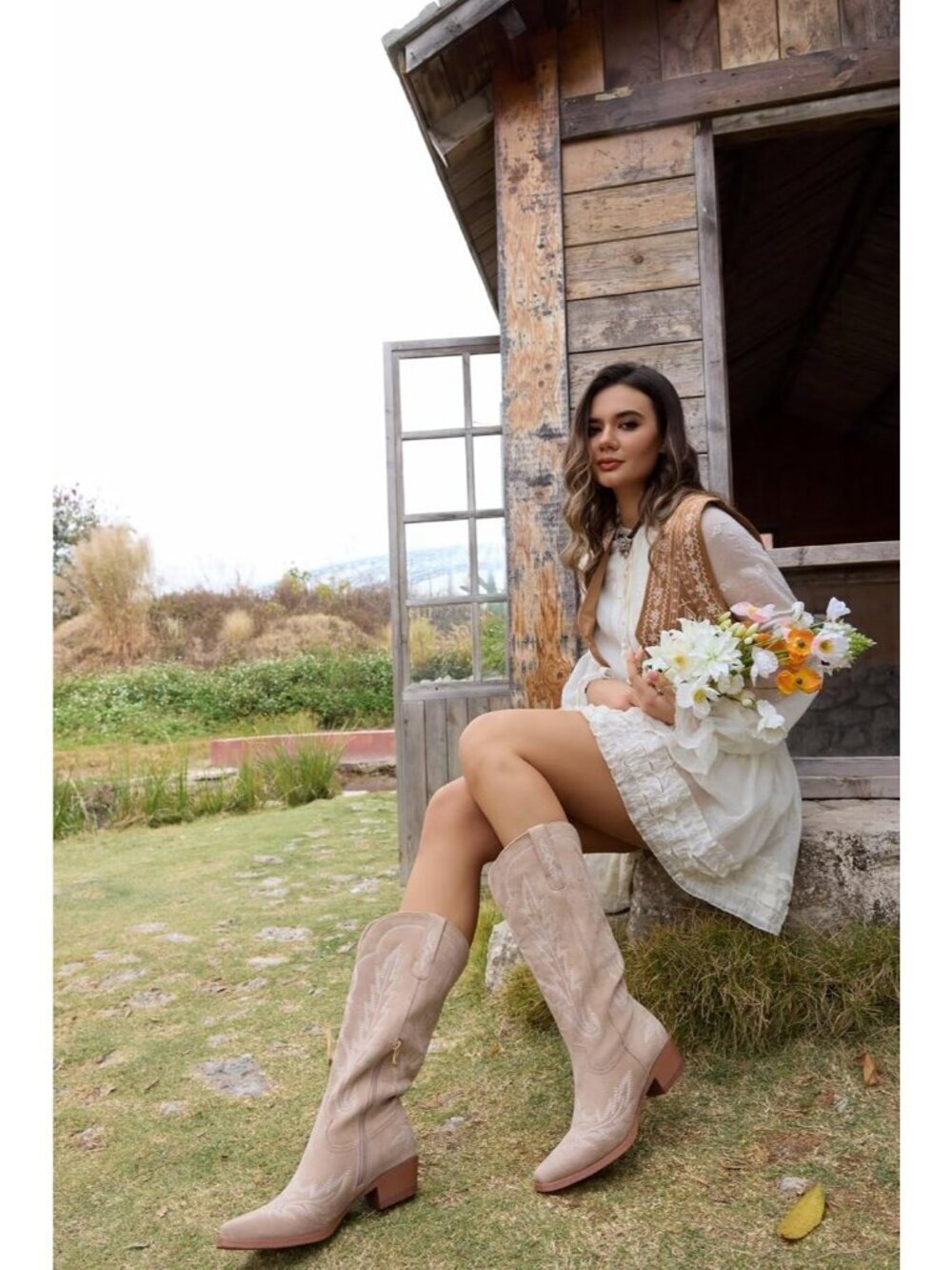 Women's Suede Khaki Knee High Boots Wide Calf Retro Chunky Heel Pointed Toe - Picture 3 of 6